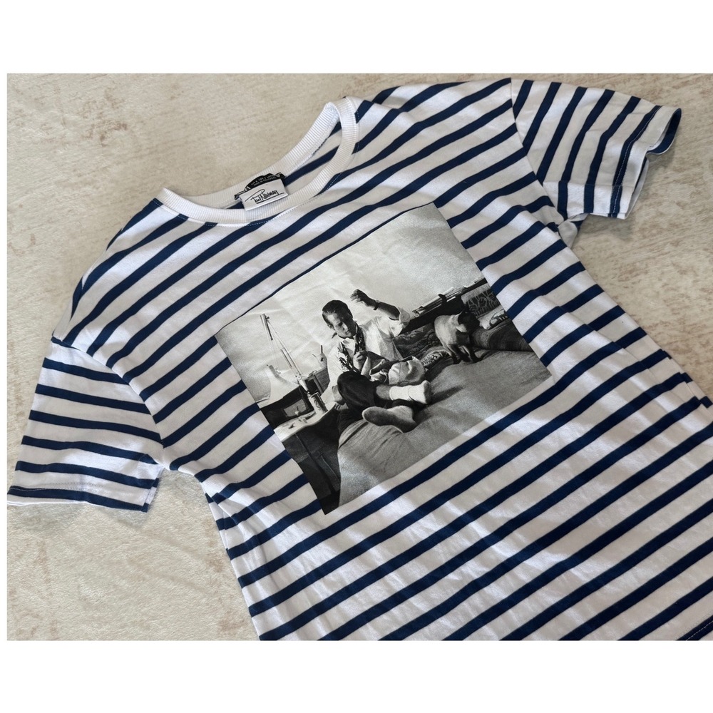 Zara Paul Newman Graphic Striped T-Shirt Navy White Red Embroidery Small